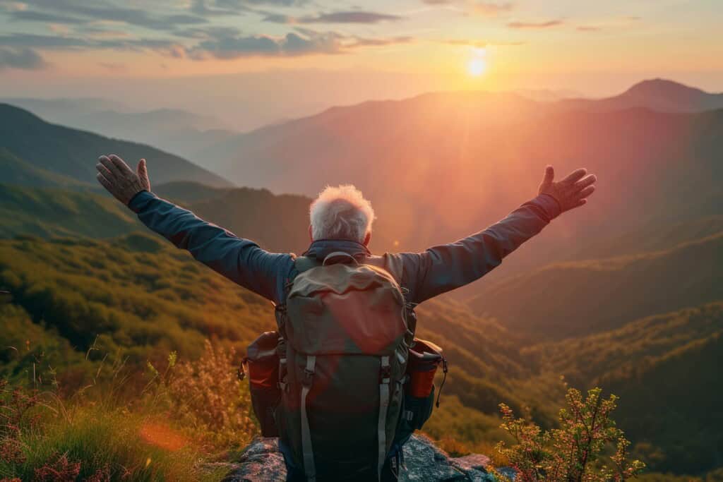 Close up back view of senior old man with a travel backpack on his back and holds his hands up as a sign of freedom stands on the seaside at sunset.
