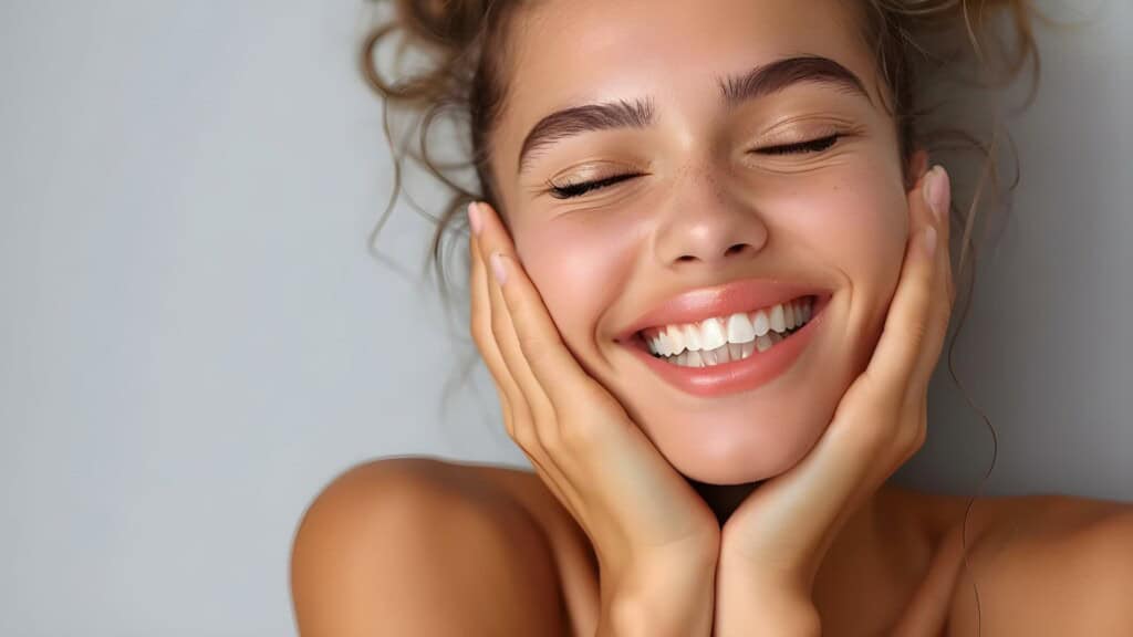 Woman smiling happily while holding her hands around her jaw and face because her jaw pain has been relieved.