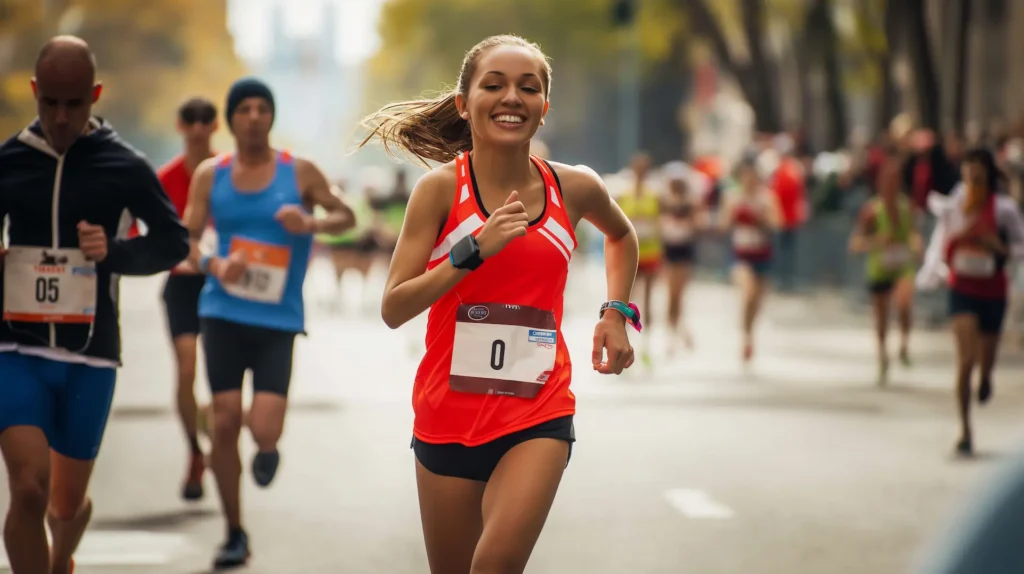 A smiling woman in a red jersey runs in a crowded marathon, surrounded by other runners on a city street lined with spectators.